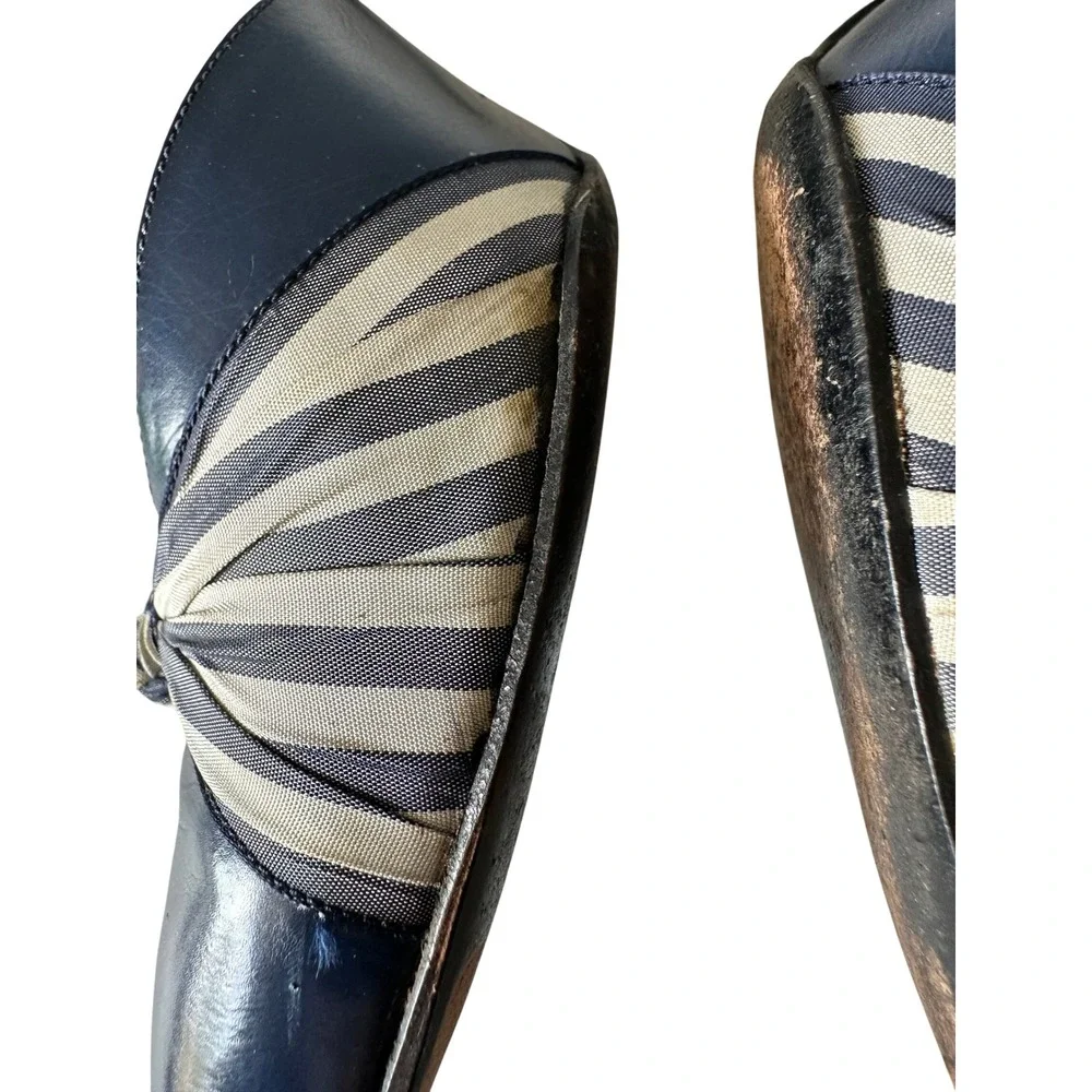 Vintage 40s 50s Peacock Shoes Blue Leather Striped Knot Pointed Toe Pumps Heels